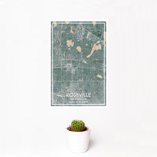 12x18 Roseville Minnesota Map Print Portrait Orientation in Afternoon Style With Small Cactus Plant in White Planter