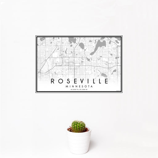 12x18 Roseville Minnesota Map Print Landscape Orientation in Classic Style With Small Cactus Plant in White Planter