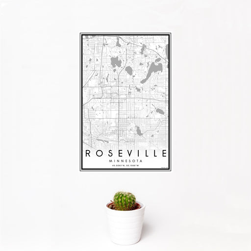 12x18 Roseville Minnesota Map Print Portrait Orientation in Classic Style With Small Cactus Plant in White Planter