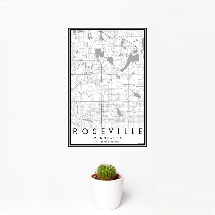 12x18 Roseville Minnesota Map Print Portrait Orientation in Classic Style With Small Cactus Plant in White Planter