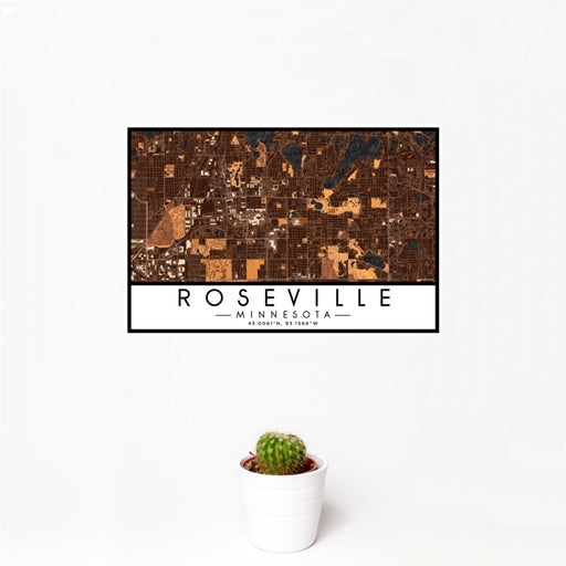 12x18 Roseville Minnesota Map Print Landscape Orientation in Ember Style With Small Cactus Plant in White Planter