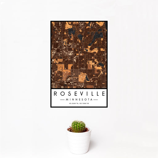 12x18 Roseville Minnesota Map Print Portrait Orientation in Ember Style With Small Cactus Plant in White Planter
