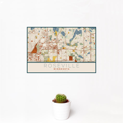12x18 Roseville Minnesota Map Print Landscape Orientation in Woodblock Style With Small Cactus Plant in White Planter