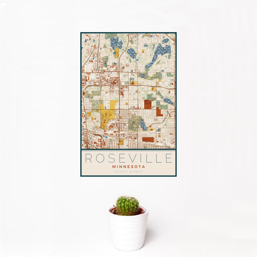 12x18 Roseville Minnesota Map Print Portrait Orientation in Woodblock Style With Small Cactus Plant in White Planter