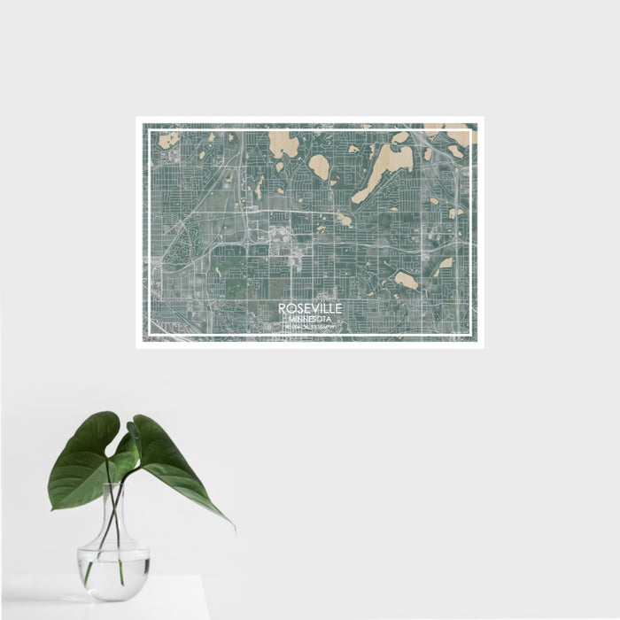 16x24 Roseville Minnesota Map Print Landscape Orientation in Afternoon Style With Tropical Plant Leaves in Water
