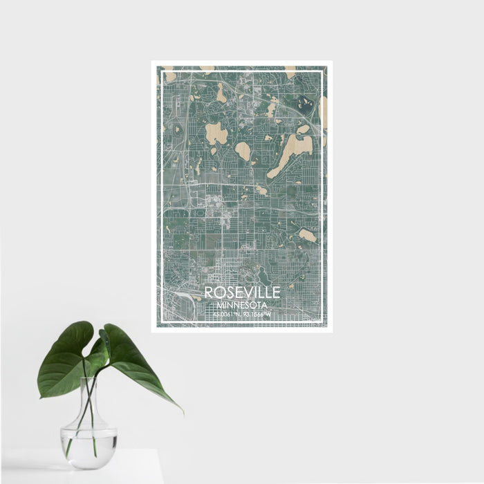 16x24 Roseville Minnesota Map Print Portrait Orientation in Afternoon Style With Tropical Plant Leaves in Water