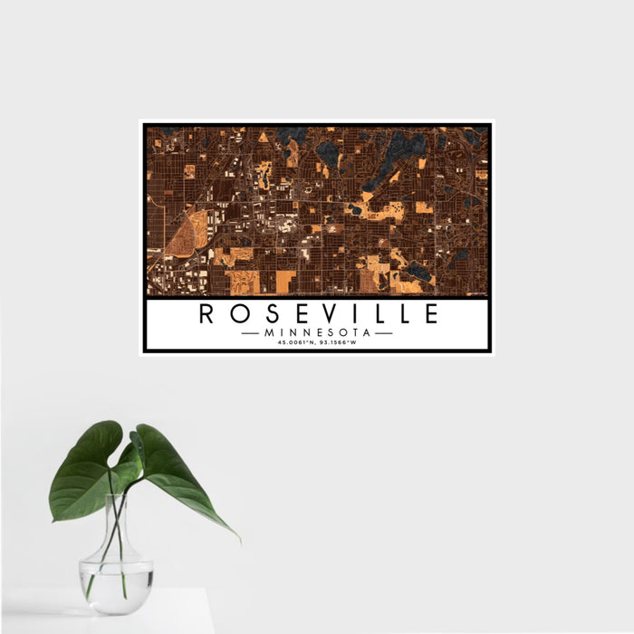 16x24 Roseville Minnesota Map Print Landscape Orientation in Ember Style With Tropical Plant Leaves in Water