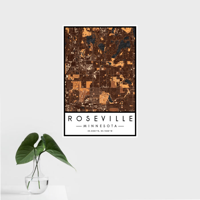 16x24 Roseville Minnesota Map Print Portrait Orientation in Ember Style With Tropical Plant Leaves in Water