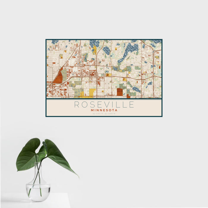 16x24 Roseville Minnesota Map Print Landscape Orientation in Woodblock Style With Tropical Plant Leaves in Water