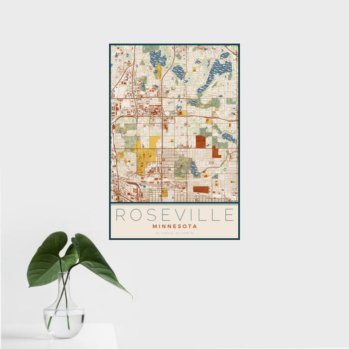 16x24 Roseville Minnesota Map Print Portrait Orientation in Woodblock Style With Tropical Plant Leaves in Water