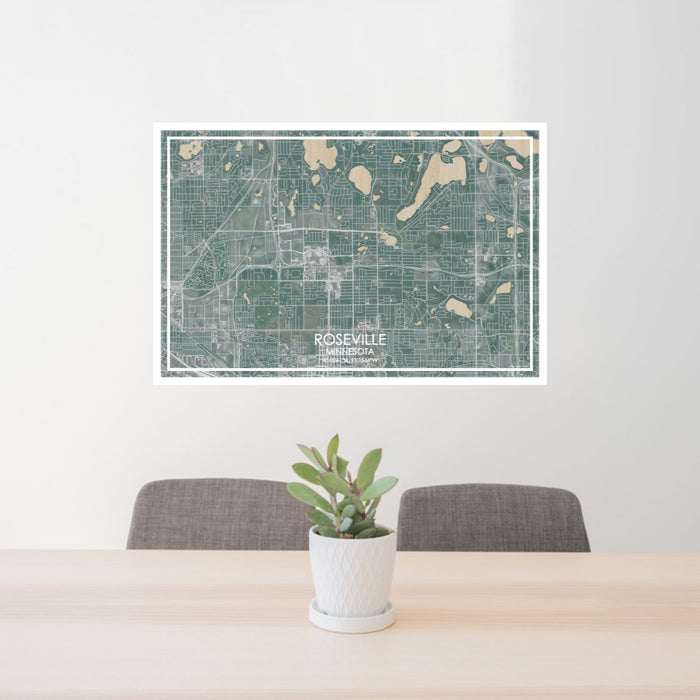 24x36 Roseville Minnesota Map Print Lanscape Orientation in Afternoon Style Behind 2 Chairs Table and Potted Plant