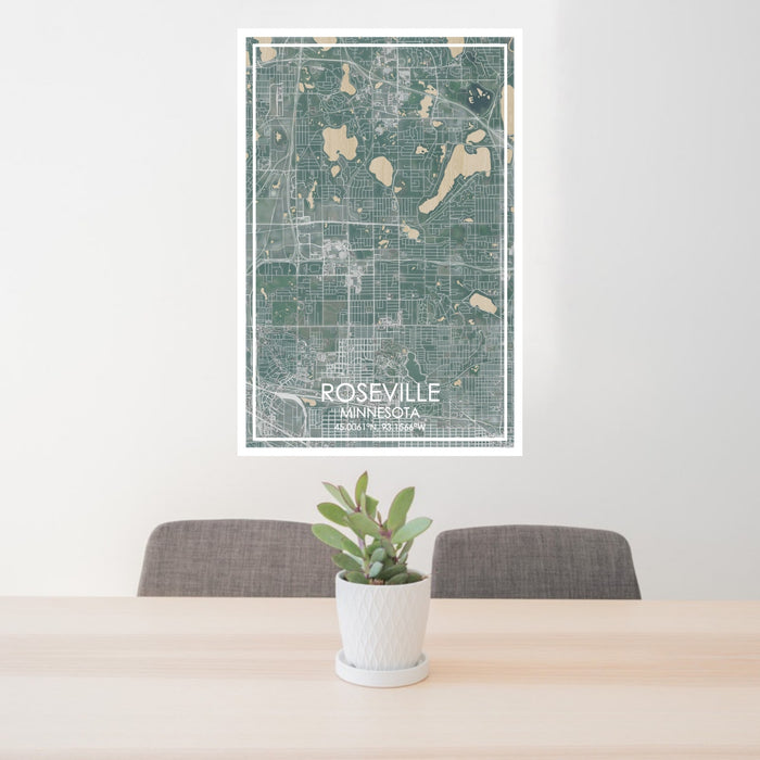 24x36 Roseville Minnesota Map Print Portrait Orientation in Afternoon Style Behind 2 Chairs Table and Potted Plant