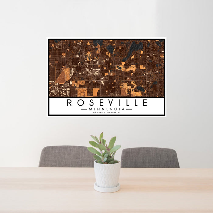 24x36 Roseville Minnesota Map Print Lanscape Orientation in Ember Style Behind 2 Chairs Table and Potted Plant