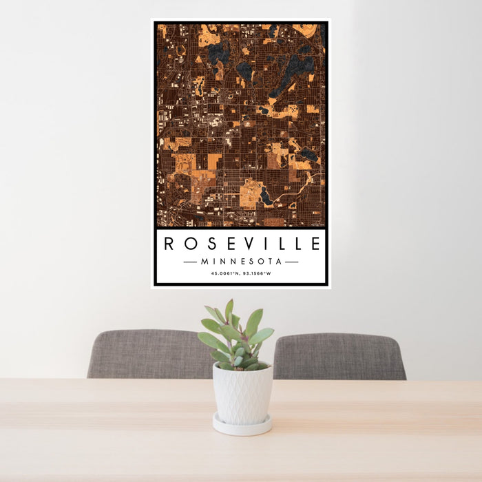 24x36 Roseville Minnesota Map Print Portrait Orientation in Ember Style Behind 2 Chairs Table and Potted Plant
