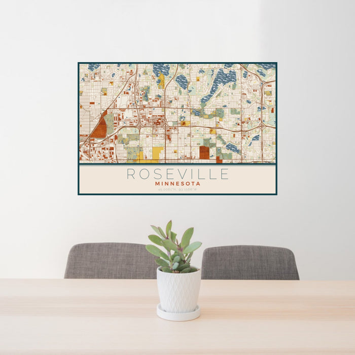 24x36 Roseville Minnesota Map Print Lanscape Orientation in Woodblock Style Behind 2 Chairs Table and Potted Plant