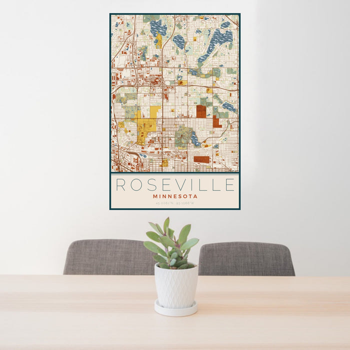 24x36 Roseville Minnesota Map Print Portrait Orientation in Woodblock Style Behind 2 Chairs Table and Potted Plant