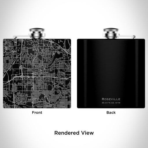 Rendered View of Roseville Minnesota Map Engraving on 6oz Stainless Steel Flask in Black