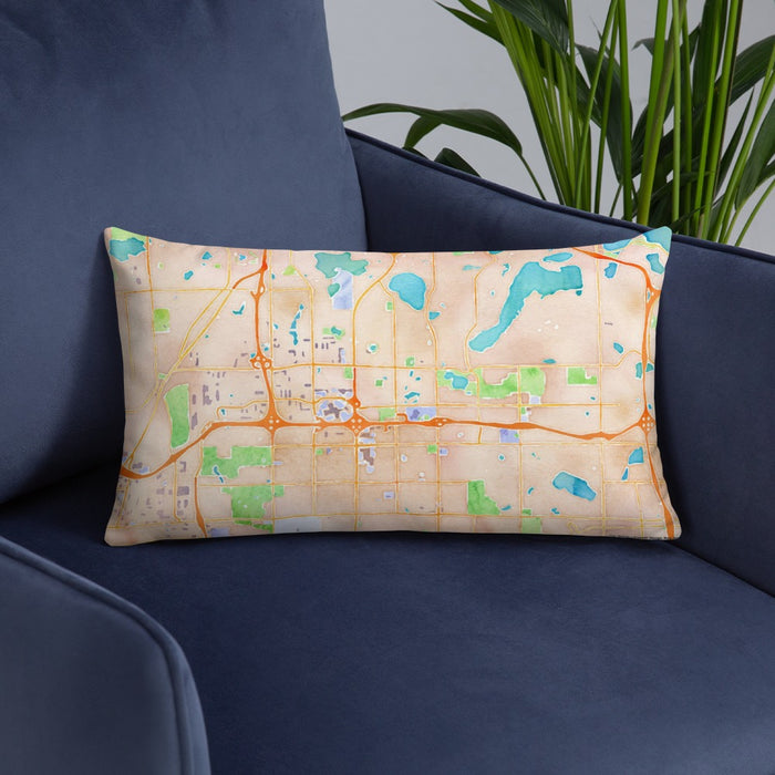 Custom Roseville Minnesota Map Throw Pillow in Watercolor on Blue Colored Chair