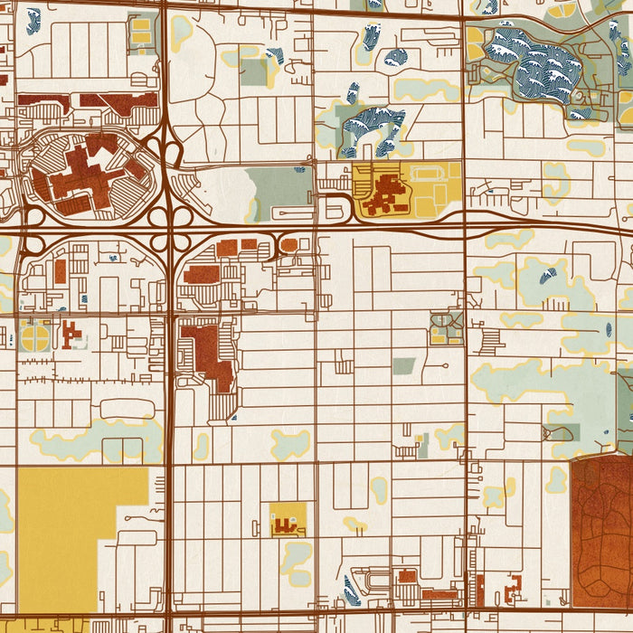 Roseville Minnesota Map Print in Woodblock Style Zoomed In Close Up Showing Details