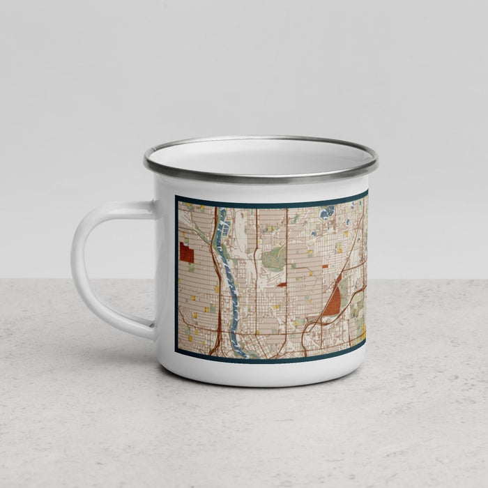 Left View Custom Roseville Minnesota Map Enamel Mug in Woodblock