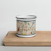 Front View Custom Roseville Minnesota Map Enamel Mug in Woodblock on Cutting Board