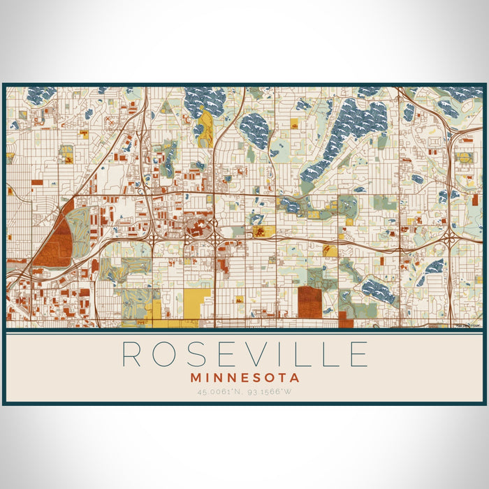 Roseville Minnesota Map Print Landscape Orientation in Woodblock Style With Shaded Background
