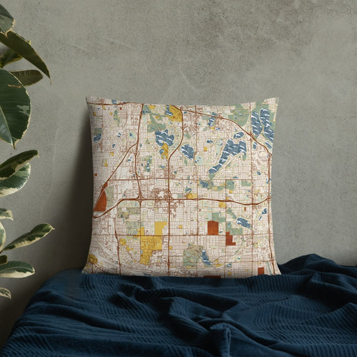 Custom Roseville Minnesota Map Throw Pillow in Woodblock on Bedding Against Wall