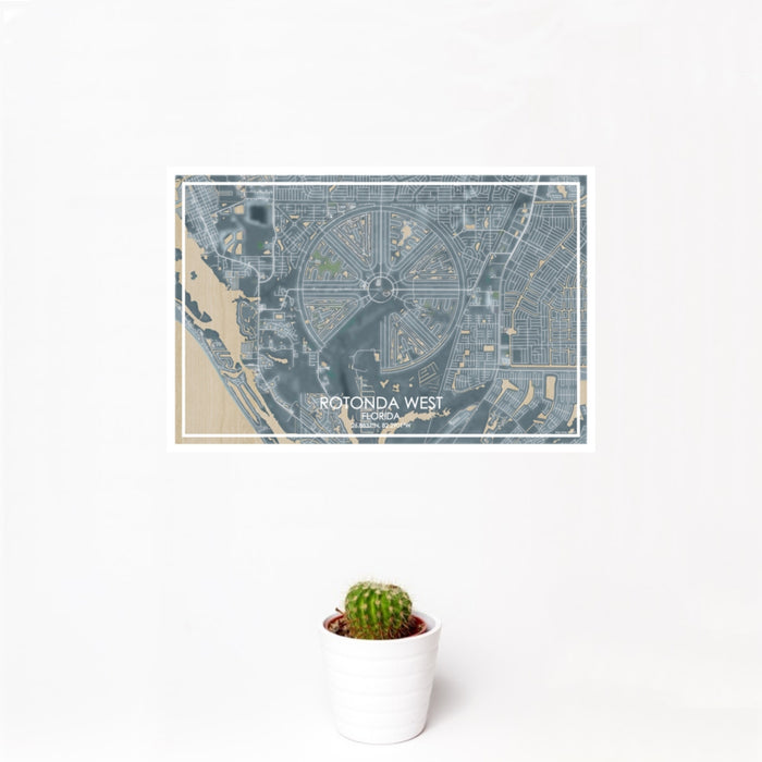 12x18 Rotonda West Florida Map Print Landscape Orientation in Afternoon Style With Small Cactus Plant in White Planter