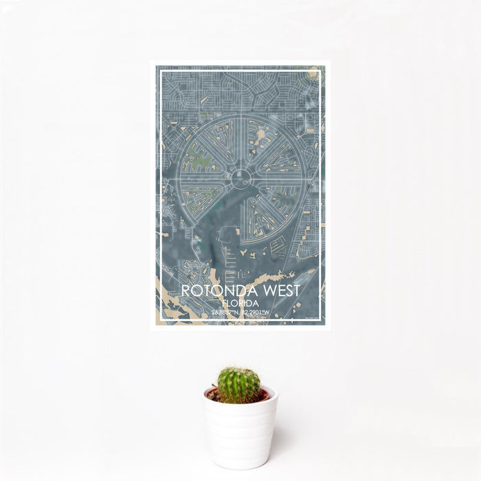 12x18 Rotonda West Florida Map Print Portrait Orientation in Afternoon Style With Small Cactus Plant in White Planter
