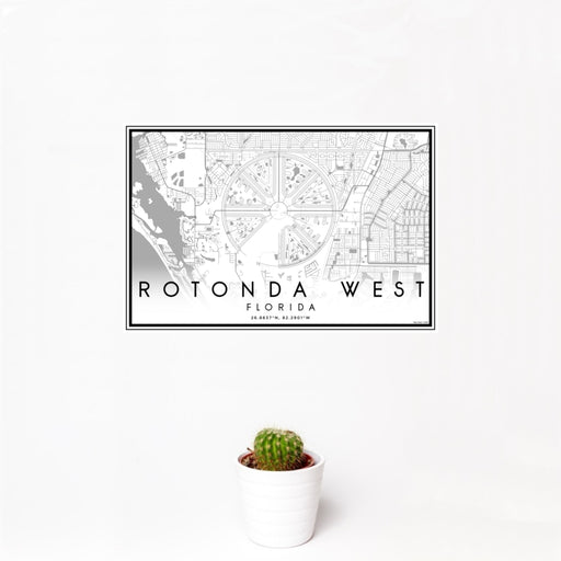 12x18 Rotonda West Florida Map Print Landscape Orientation in Classic Style With Small Cactus Plant in White Planter