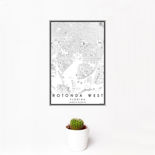 12x18 Rotonda West Florida Map Print Portrait Orientation in Classic Style With Small Cactus Plant in White Planter