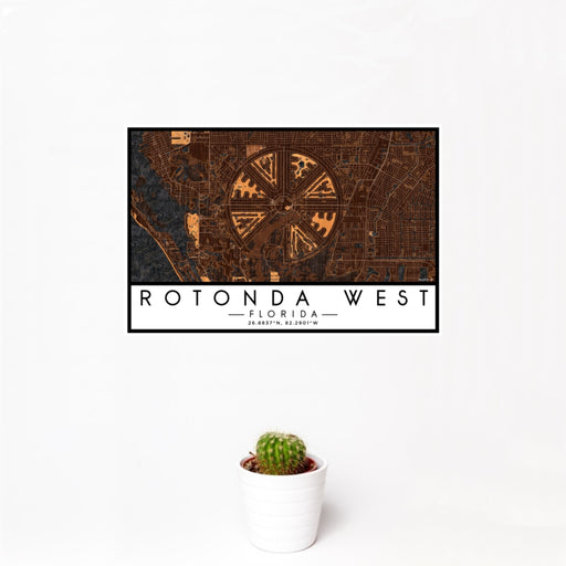 12x18 Rotonda West Florida Map Print Landscape Orientation in Ember Style With Small Cactus Plant in White Planter