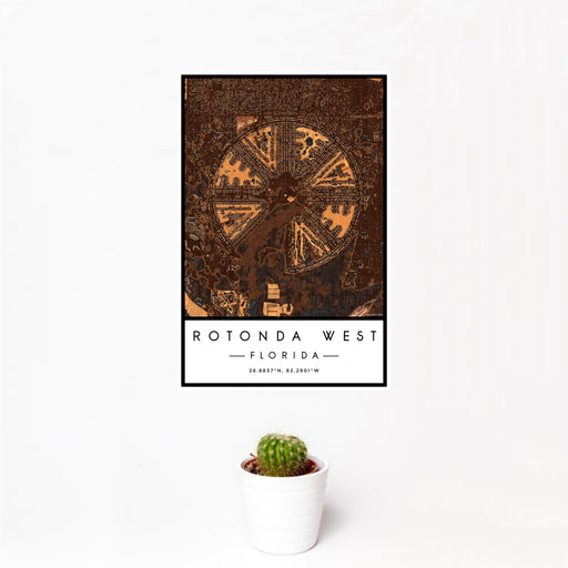 12x18 Rotonda West Florida Map Print Portrait Orientation in Ember Style With Small Cactus Plant in White Planter