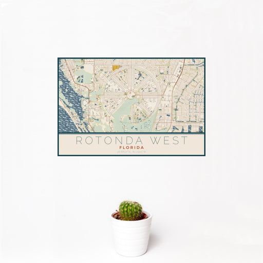 12x18 Rotonda West Florida Map Print Landscape Orientation in Woodblock Style With Small Cactus Plant in White Planter