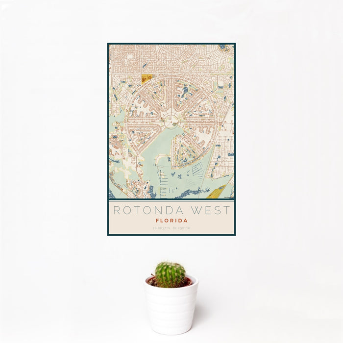 12x18 Rotonda West Florida Map Print Portrait Orientation in Woodblock Style With Small Cactus Plant in White Planter