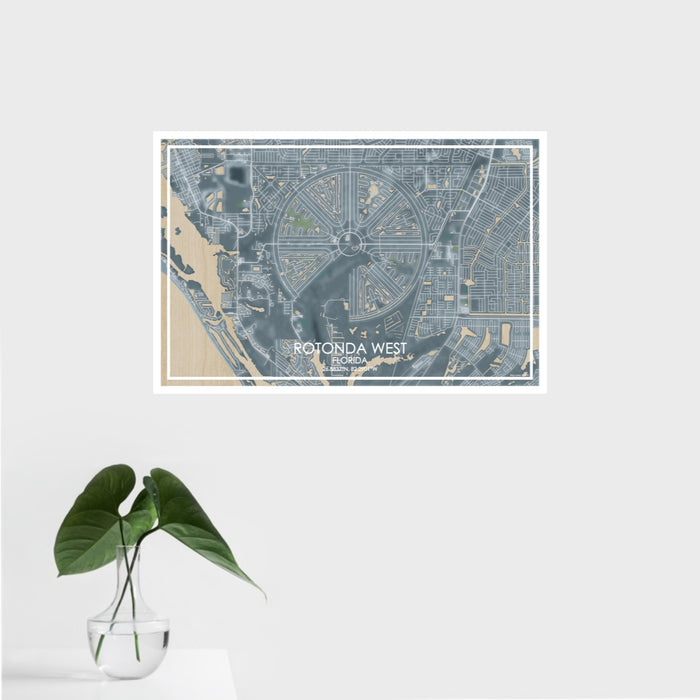 16x24 Rotonda West Florida Map Print Landscape Orientation in Afternoon Style With Tropical Plant Leaves in Water