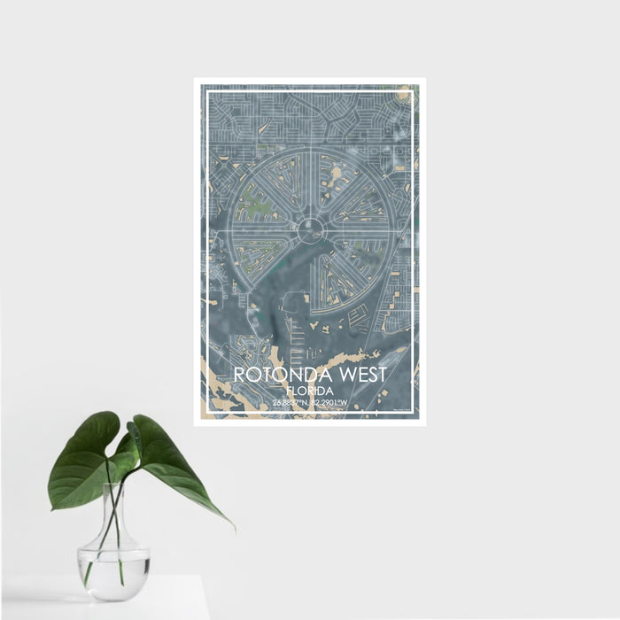 16x24 Rotonda West Florida Map Print Portrait Orientation in Afternoon Style With Tropical Plant Leaves in Water