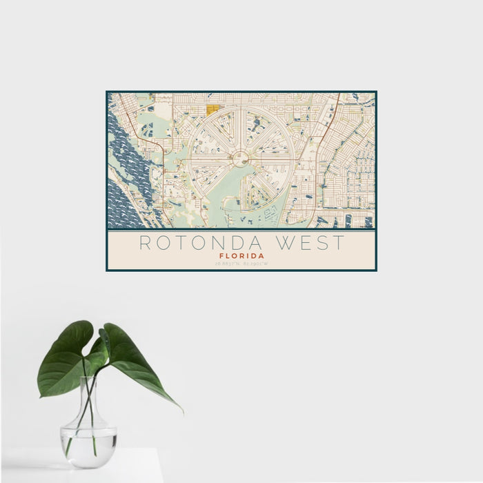 16x24 Rotonda West Florida Map Print Landscape Orientation in Woodblock Style With Tropical Plant Leaves in Water