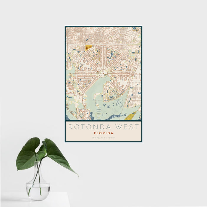16x24 Rotonda West Florida Map Print Portrait Orientation in Woodblock Style With Tropical Plant Leaves in Water