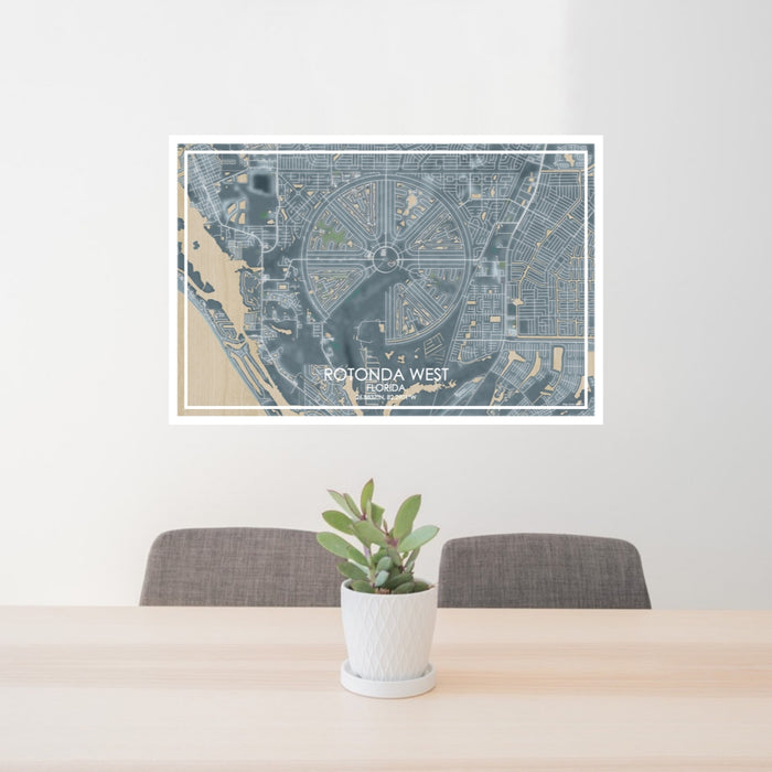 24x36 Rotonda West Florida Map Print Lanscape Orientation in Afternoon Style Behind 2 Chairs Table and Potted Plant