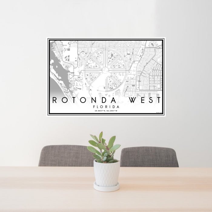24x36 Rotonda West Florida Map Print Lanscape Orientation in Classic Style Behind 2 Chairs Table and Potted Plant