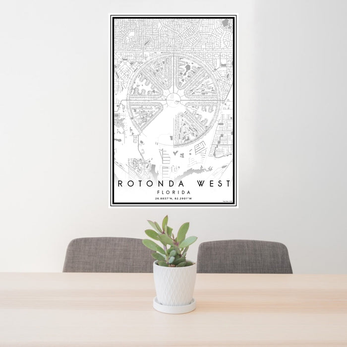 24x36 Rotonda West Florida Map Print Portrait Orientation in Classic Style Behind 2 Chairs Table and Potted Plant