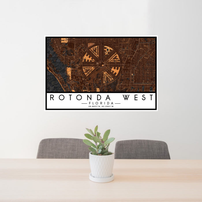 24x36 Rotonda West Florida Map Print Lanscape Orientation in Ember Style Behind 2 Chairs Table and Potted Plant