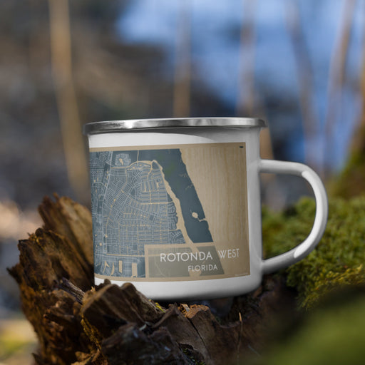 Right View Custom Rotonda West Florida Map Enamel Mug in Afternoon on Grass With Trees in Background