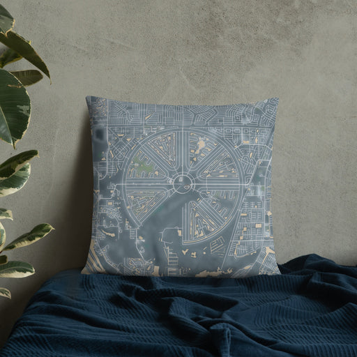 Custom Rotonda West Florida Map Throw Pillow in Afternoon on Bedding Against Wall