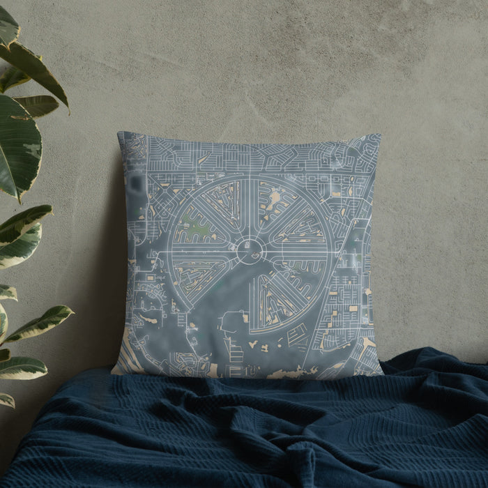 Custom Rotonda West Florida Map Throw Pillow in Afternoon on Bedding Against Wall