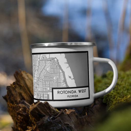 Right View Custom Rotonda West Florida Map Enamel Mug in Classic on Grass With Trees in Background