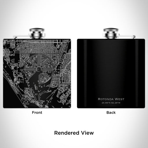 Rendered View of Rotonda West Florida Map Engraving on 6oz Stainless Steel Flask in Black