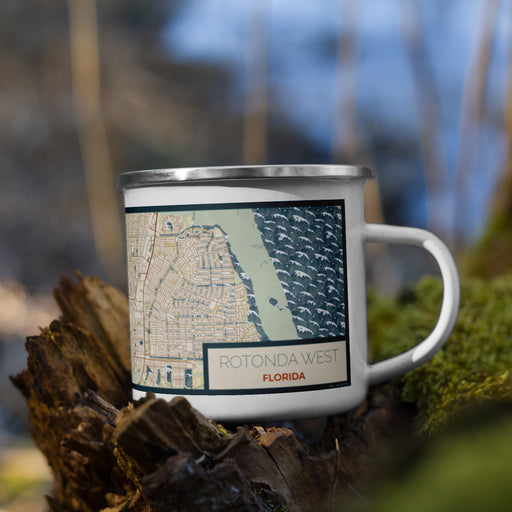Right View Custom Rotonda West Florida Map Enamel Mug in Woodblock on Grass With Trees in Background