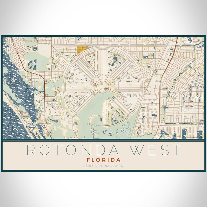 Rotonda West Florida Map Print Landscape Orientation in Woodblock Style With Shaded Background